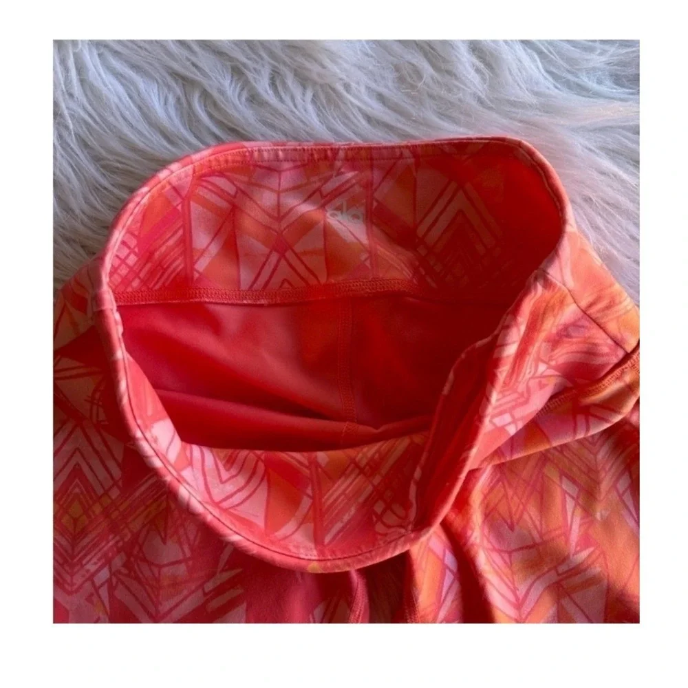Alo Yoga Leggings Pants Goddess Geometric Print Coral Orange Ribbed Leg Sz Small